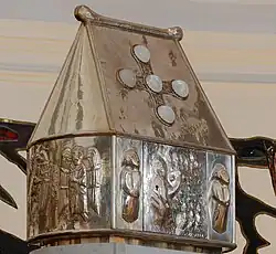 Tabernacle, St. Mel's Cathedral, Longford. The work evokes the early medieval format of a House-shaped shrine, with the upper portion directly referencing the 12th century Saint Manchan's Shrine.