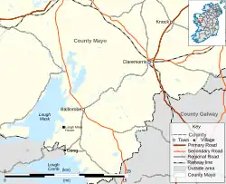 Map of the Lough Mask area of County Mayo, showing the location of Lough Mask House. The house is 6 kilometres (3.7 mi) southwest of Ballinrobe, and 6 km north of Cong; Claremorris is a further 22 kilometres (14 mi) north-east of Ballinrobe.