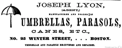 Joseph Lyon's "umbrellas, parasols, canes, etc.," 1861