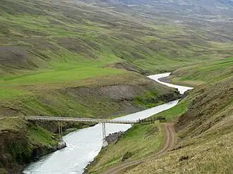 Moníka's bridge over the eastern Jökulsá river spanning two sides of a gorge