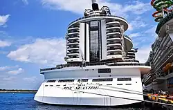 View of the stern, showing narrower superstructure, aft promenade deck, and aft cabin tower