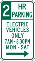 R7-112b Two hour parking, electric vehicles only (times and days)