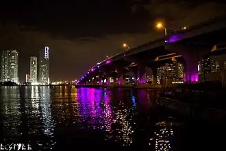 Macarthur Causeway at night as seen from Watson Island