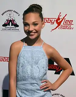 Head and torso of a smiling white teenager, wearing a blue sleeveless dress, with her hair up in a bun