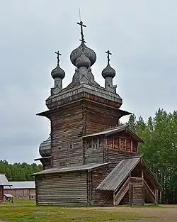 Cube church of Ascension in the Kusherka village. Malye Korely (Arkhangelsk region).