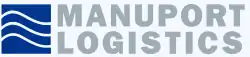 A blue square with three parallel squiggly lines cutting through it. To the right, sans-serif grey text across two lines reads "MANUPORT LOGISTICS"