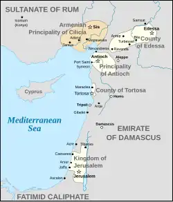 The borders of four nascent crusader states and the nearby Cilician Armenia depicted on a map of the eastern Mediterranean