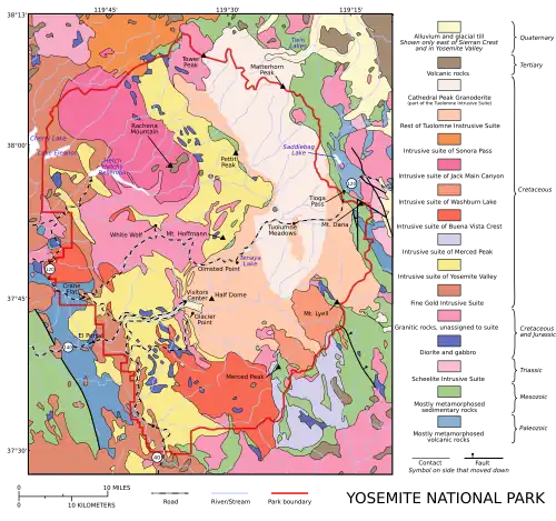 Image 5 Cathedral Peak Granodiorite Map: Grandiose, based on a map by the United States Geological Survey A geological map of Yosemite National Park (full size), showing the Cathedral Peak Granodiorite, the largest unit in the Tuolumne Intrusive Suite, which in turn is the largest granitic suite in the park. Cathedral Peak Granodiorite Rest of the Tuolumne Intrusive Suite More selected pictures