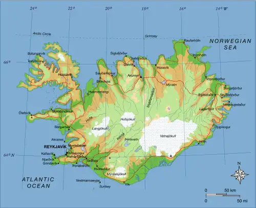 Map of Iceland showing major towns and geographical features