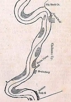 1840 map of Mississippi River showing Grand Gulf, Bruinsburg, and Rodney