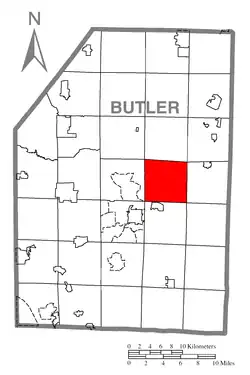 Map of Butler County, Pennsylvania, highlighting Oakland Township