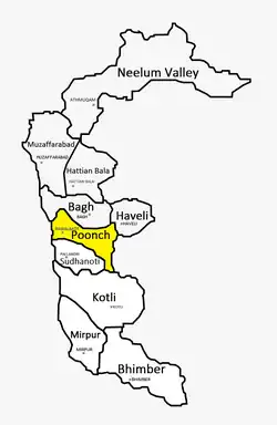 A map showing Poonch district shaded in Yellow along with Sudhanoti district