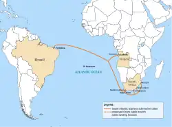 Route of the SAex submarine cable as planned in late 2011