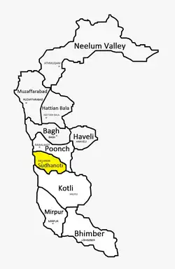 A map showing Sudhanoti district shaded in Yellow along with Poonch district