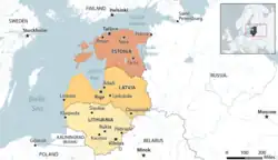 A map of the Baltic States shows, north to south, Estonia, Latvia, and Lithuania with Russia and Belarus to the east. To the west lies the Baltic Sea.