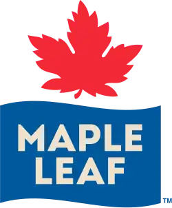 A curved red maple leaf above a curved blue banner that says "Maple Leaf".