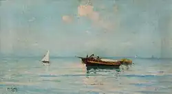 Marina con barca e pescatori. Undated. Oil on canvas, 29 x 53 cm, private collection.