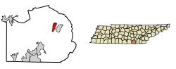 Location of Whitwell in Marion County, Tennessee.
