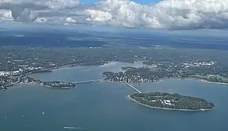 A 2024 aerial view of Martin's Point (left), Mackworth Point (center) and Mackworth Island