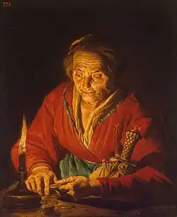 Matthias Stom's Old Woman by Candlelight, 1630–1640, with many similar elements