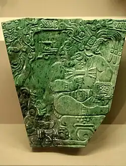 Jade plaque of a Maya king; 400-800 (Classic period); height: 14 cm, width: 14 cm; found at Teotihuacan; British Museum (London).