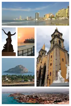 From upper left: Hotel Zone, Monument to Mazatleca women, Mazatlán pier, Cordones Island, Mazatlán Cathedral, Panoramic view of the city
