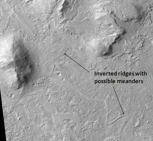 Meandering Ridges that are probably inverted stream channels. Illumination is from the NW. Image taken with HiRISE.