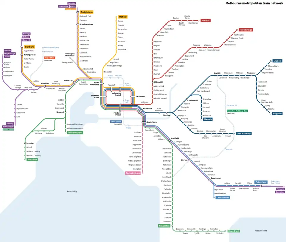 Map of the Melbourne metropolitan rail network showing SRL East.