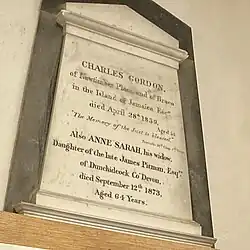 Wall memorial for Charles Gordon of Newtimber Place and of Braco in the island of Jamaica and of Anne Sarah, his widow