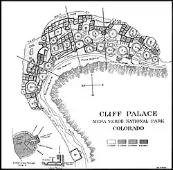 The ground plan for Cliff Palace from a survey published in a book by Jesse Walter Fewkes, c. 1909