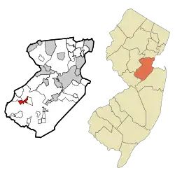 Map of Monmouth Junction CDP in Middlesex County. Inset: Location of Middlesex County in New Jersey.