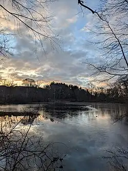 Mill Pond partially frozen at the Beaver Brook Reservation in Belmont, MA