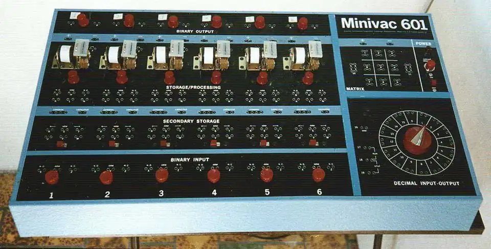 The Minivac 601 featured 6 electromechanical relays and a unique motorized display (1961).