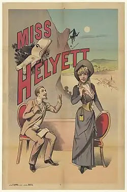 theatre poster showing a young man with neat moustache and beard, seated and looking up at a young woman in severely sober grey dress and hat