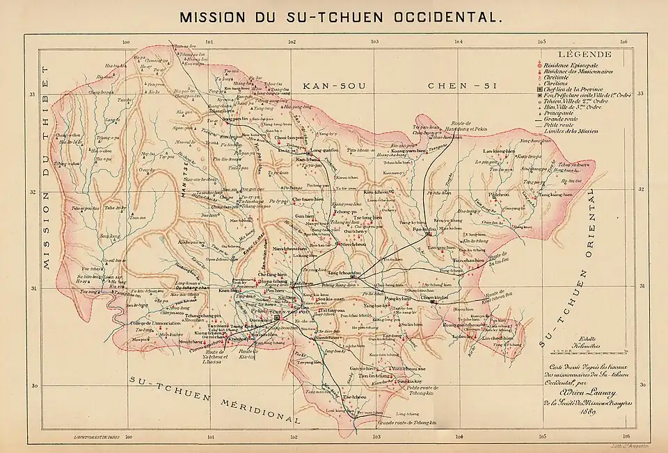Chengdu (Tchen-tou-fou) was part of the Western Szechwan Mission. Map prepared by Adrien Launay [fr], 1889.