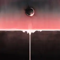 On the top half a solar eclipse centered in a pink to gray gradient sky. On the bottom half a white drip pattern over a black field. The drip is more pronounced towards the center with one of the drip lines at the exact center, extending fully to the bottom.