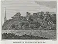 Monmouth Castle and St Mary's Priory Church, black and white print on engraving, 1800