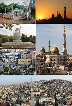 From the top: Shrine of Sheikh Alexander, Sunset, Nafoura Park, Famous mosques, Main street and Panoramic view