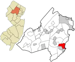 Location of Florham Park in Morris County highlighted in red (right). Inset map: Location of Morris County in New Jersey highlighted in orange (left).