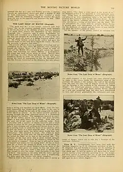 Black and white page from Moving Picture World magazine showing film review text and promotional stills