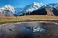 Mt Mandani and Chaukhamba with reflection on semi frozen lake at Boodha Madhyamaheshwar