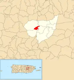 Location of Mulita within the municipality of Aguas Buenas shown in red