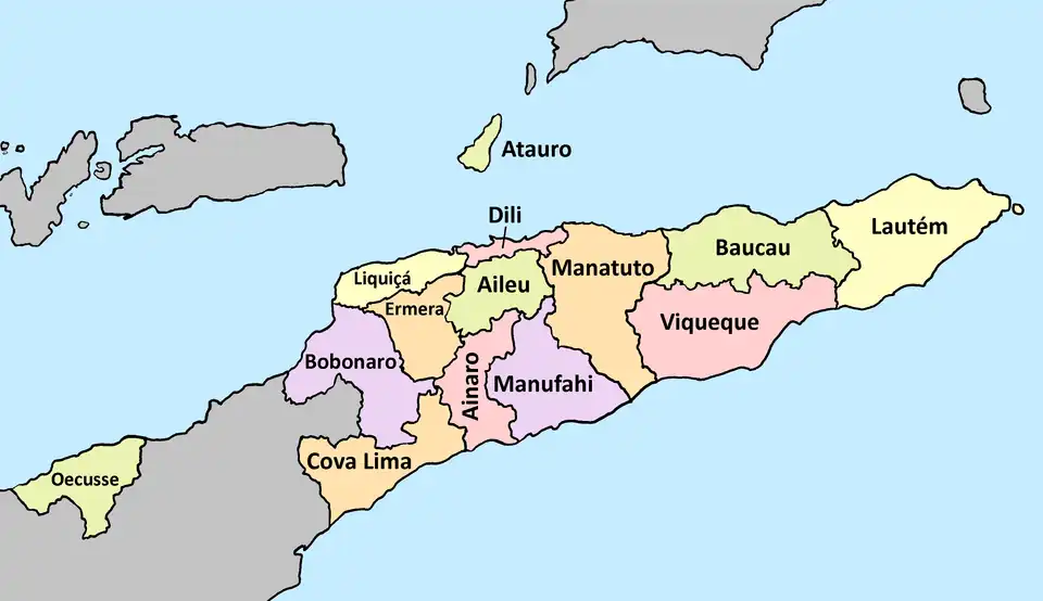 Labelled map of Timor-Leste divided into its fourteen municipalities