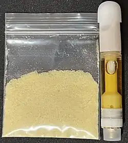 Free base N,N-DMT extracted from Mimosa hostilis root bark (left); vape cartridge made with freebase N,N-DMT extract (right)
