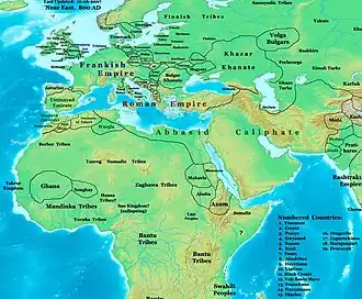 Western Eurasia and North Africa c. 800, showing the Barghawata