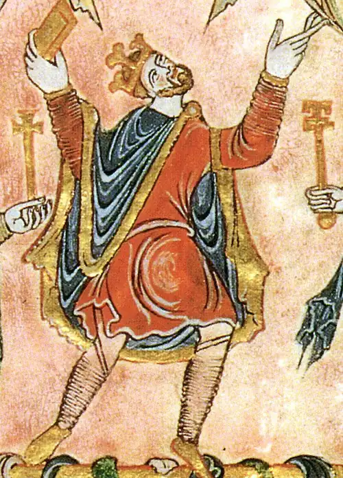 Image 7Edgar I of England in short tunic, hose, and cloak, 966 (from History of clothing and textiles)