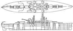 A line drawing of a ship with four gun turrets—two mounted each fore and aft—a large superstructure with two high masts, and a catapult over the third turret.