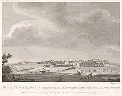North view of Bangalore from the pettah, (View from the around the present Avenue Road, facing Fort) shewing the curtain and bastions that were breached, by Robert Home (1752-1834)[23]