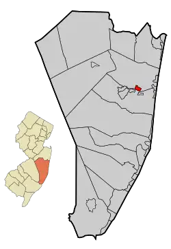 Location of Island Heights in Ocean County highlighted in red (right). Inset map: Location of Ocean County in New Jersey highlighted in orange (left).