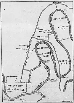 Hand-drawn map of the area northwest of Nashville including the road to Gallatin